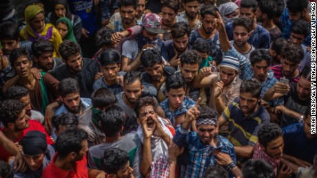 Kashmiris  shout anti-Indian slogans during the funeral of a militant leader killed in a gun battle with police, on August 01, 2017.
