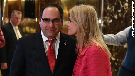 Kellyanne Conway talks with George Gigicos at the Trump Tower lobby in New York on November 17, 2016.