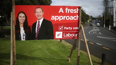 A now outdated Labour election billboard shows Ardern with former leader Andrew Little, taken on August 2.