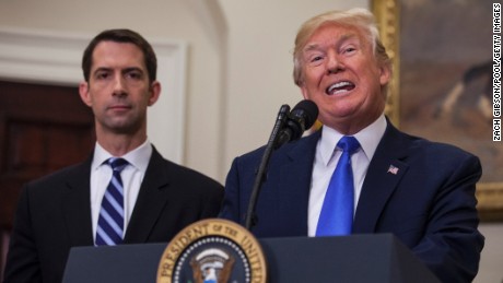 Sen. Tom Cotton, left, is among a group of vocal Republicans who have pushed President Trump to take a harder stance on Iran.