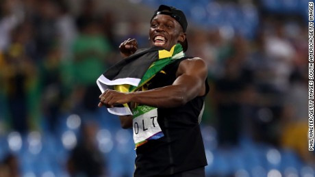 Bolt of Jamaica celebrates winning the Men&#39;s 4 x 100m relay at the Rio Olympics 
