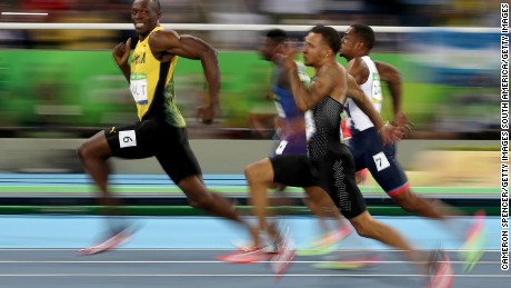The iconic image of Bolt while competing in the men&#39;s 100m in Rio
