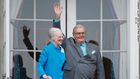 Queen Margrethe and Prince Henrik greet well-wishers from the balcony on the occasion of the Queen&#39;s 76th Birthday in April 2016.