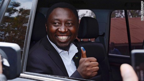 Presidential candidate Frank Habineza, of the opposition Democratic Green Party, gives the thumbs-up after casting his ballot in Kigali.