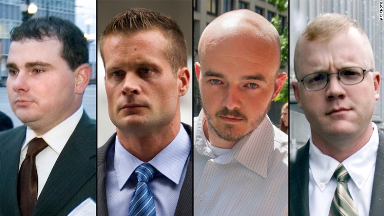 This combination made from file photo shows Blackwater guards, from left, Dustin Heard, Evan Liberty, Nicholas Slatten and Paul Slough. 