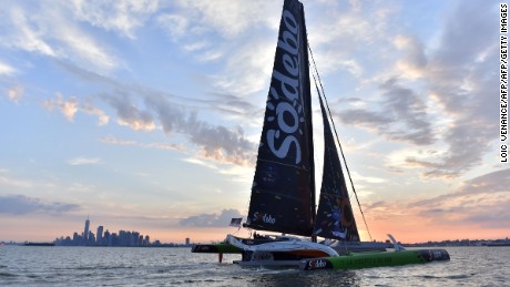 French skipper Thomas Coville sails Sodebo Ultim multihull on July 4, 2017 in New York city after they placed third in The Bridge 2017, a transatlantic race between the cruise liner RMS Queen Mary 2 and the world&#39;s fastest Ultim trimarans from Saint-Nazaire to New-York City.  AFP PHOTO / LOIC VENANCE / AFP PHOTO / LOIC VENANCE        (Photo credit should read LOIC VENANCE/AFP/Getty Images)