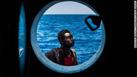 An African migrant aboard the Spanish humanitarian rescue boat Golfo Azzurro in June. 
