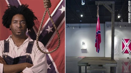 Left: &quot;Confederate Gothic,&quot; John Sims; right: &quot;The Proper Way to Hang a Confederate Flag,&quot; 2004, John Sims (Smucker Gallery, Gettysburg College)