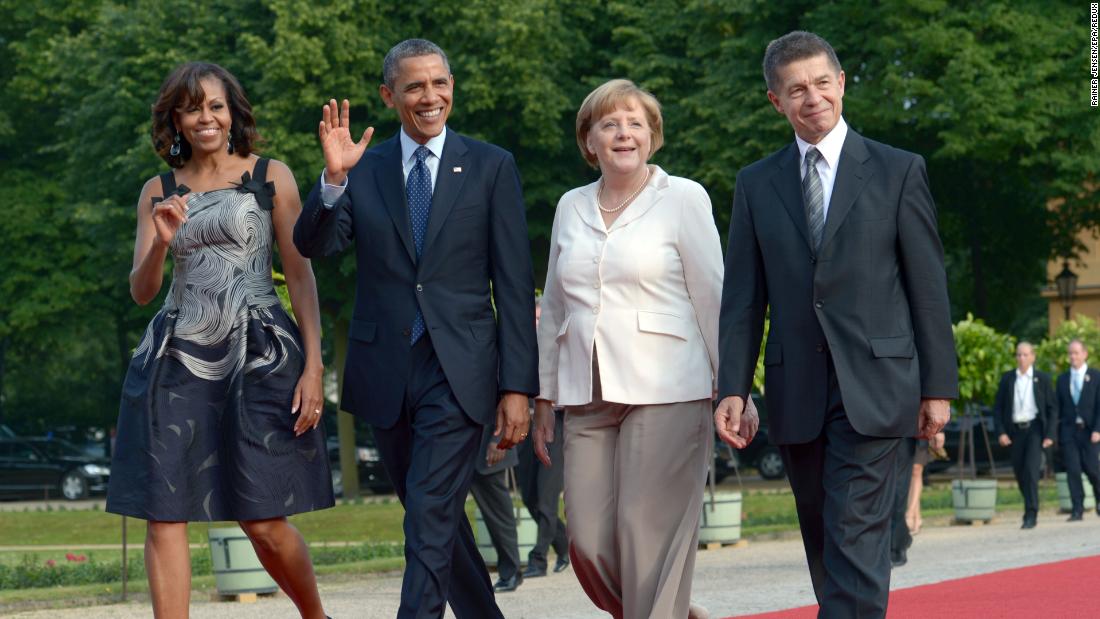 Merkel and her husband, Joachim Sauer, walk with US President Barack Obama and first lady Michelle Obama before a dinner in Berlin in June 2013. Merkel and Sauer have been married since 1998.