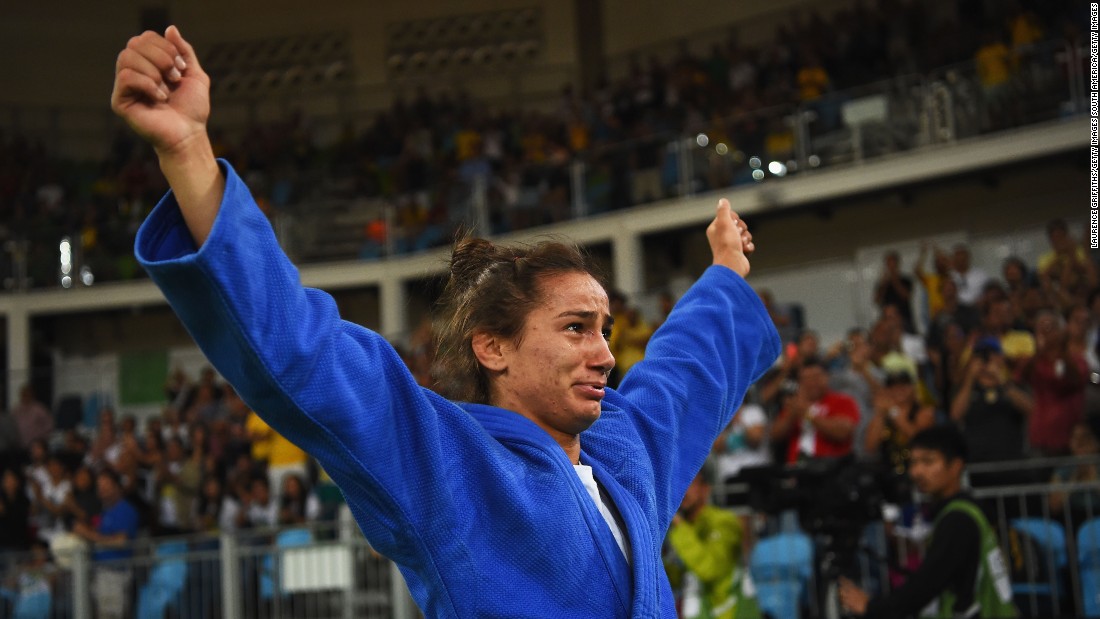 Majlinda Kelmendi tears up after being crowned Kosovo&#39;s first ever gold medalist at the Rio Olympics in the women&#39;s 52 kg weight category.
