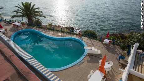The pool at Hostal Montecarlo, across the street from the blast site, sits empty. 