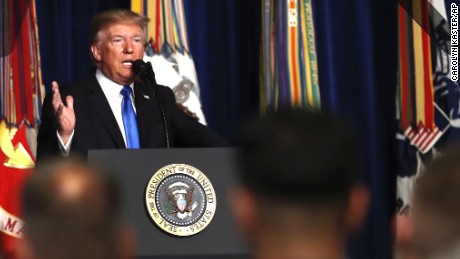 President Donald Trump speaks at Fort Myer in Arlington Va., Monday, Aug. 21, 2017, during a Presidential Address to the Nation about a strategy he believes will best position the U.S. to eventually declare victory in Afghanistan. (AP Photo/Carolyn Kaster)