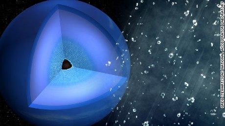 This illustrations shows hydrocarbon compounds split into carbon and hydrogen inside ice giants, such as Neptune, which turns into a "diamond [rain] shower." 