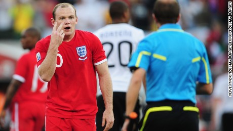 BLOEMFONTEIN, SOUTH AFRICA - JUNE 27:  Wayne Rooney of England appeals to Linesman Mauricio Espinosa of Uruguay after he disallowed a goal by Frank Lampard of England during the 2010 FIFA World Cup South Africa Round of Sixteen match between Germany and England at Free State Stadium on June 27, 2010 in Bloemfontein, South Africa.  (Photo by Clive Mason/Getty Images)
