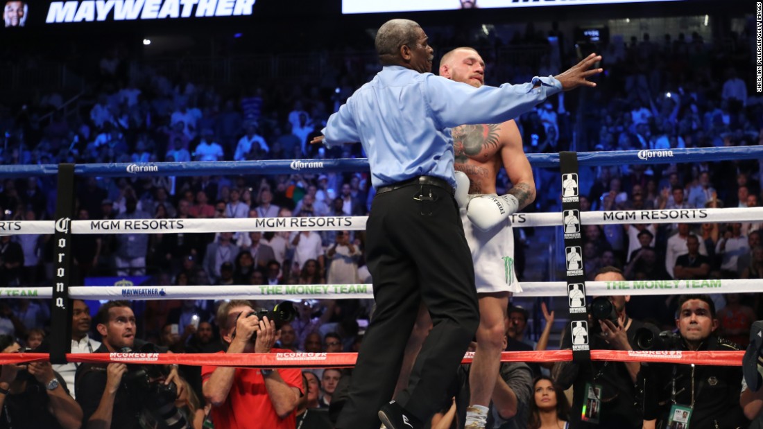 Referee Robert Byrd stopped the fight in the 10th after a wobbly McGregor took several hard shots and wasn&#39;t throwing punches. 