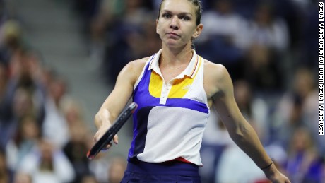 Simona Halep of Romania reacts during her match against Maria Sharapova on day one of the 2017 US Open.