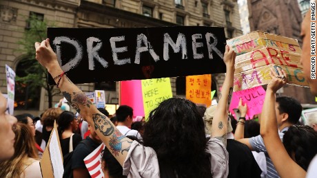 NEW YORK, NY - AUGUST 15:  Dozens of immigration advocates and supporters attend a rally outside of  Trump Tower along Fifth Avenue on August 15, 2017 in New York City. The activists were rallying on the five-year anniversary of President Obama&#39;s executive order, DACA - Deferred Action for Childhood Arrivals, protecting undocumented immigrants brought to the U.S. as children. Security throughout the area is high with President Donald Trump in residency at the tower, his first visit back to his apartment since his inauguration. Numerous protests and extensive road closures are planned for the area.  (Photo by Spencer Platt/Getty Images)