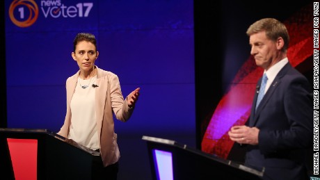 Labour leader Jacinda Ardern (L) and Prime Minsiter and Leader of the National Party Bill English (R) speak during the Vote 2017 1st Leaders Debate on August 31, 2017 in Auckland, New Zealand.