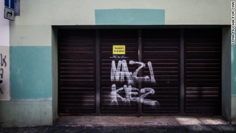 Neo-Nazi grafitti that reads &quot;Nazi Kiez (Nazi neighborhood) is seen in Bautzen&#39;s town center.