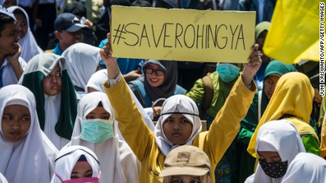 Indonesians protest against Myanmar and in support of the Rohingya, in the city of Surabaya earlier this month.