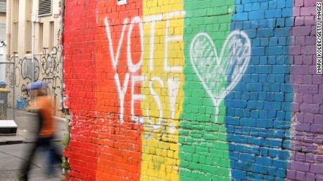 A wall painted with the rainbow flag and a message &quot;Vote Yes&quot; is seen in Newtown on August 28, 2017 in Sydney, Australia.