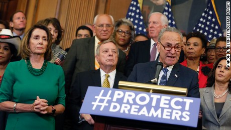 WASHINGTON, DC - SEPTEMBER 6: Senate Minority Leader Chuck Schumer (D-NY) speaks at a news conference as other congressional leaders look on about President Donald Trump&#39;s decision to end the Deferred Action for Childhood Arrivals (DACA) program at the U.S. Capitol September 6, 2017 in Washington, DC. Democrats called for action on young undocumented immigrants that came to the U.S. as children who now could face deportation if Congress does not act.  (Photo by Aaron P. Bernstein/Getty Images)