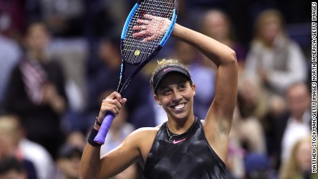 Madison Keys celebrates after defeating CoCo Vandeweghe in straight sets.