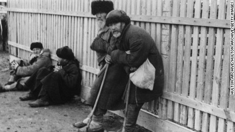 April 1934:  A group of homeless peasants near Kiev during a famine in the Soviet Union.  (Photo by Hulton Archive/Getty Images)