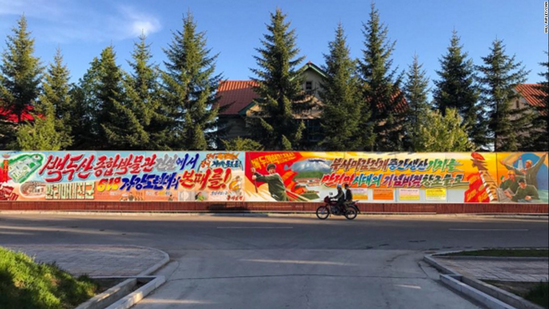 Propaganda banners line the streets of Samjiyon on September 4.