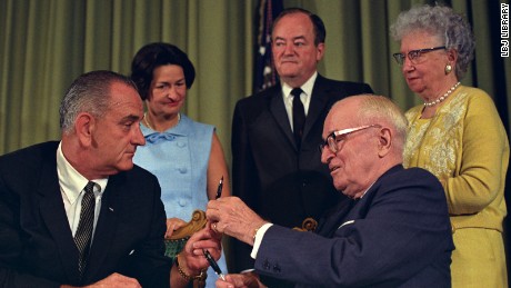 President Johnson at the Medicare bill signing on July 30, 1965.