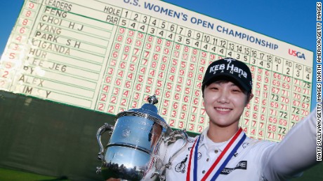 Park Sung-hyun celebrates winning the US Women&#39;s Open Championship at Trump National Golf Club on July 16, 2017.