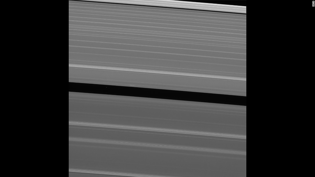 Two days before its death plunge into Saturn, Cassini took this image of Saturn&#39;s A ring. The ring features what scientists call a lone &quot;propeller&quot; -- a feature created by small moonlets in the rings.