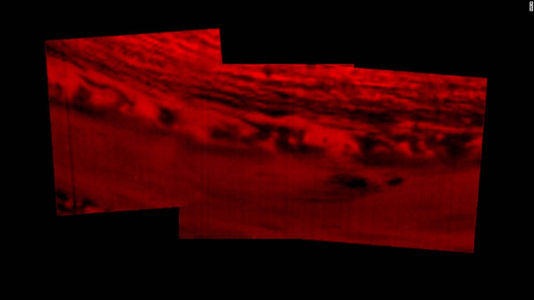 This is Cassini&#39;s final resting place. NASA says the montage of images was created using data from Cassini&#39;s visual and infrared mapping spectrometer. What you see in the photo are clouds in the atmosphere, silhouetted against that inner glow, according to NASA.