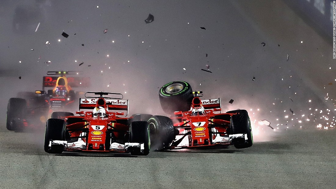 Disaster strikes for Ferrari in Singapore as both Vettel and Raikkonen crash out on the opening lap -- Raikkonen hit his teammate after colliding with Max Verstappen at the start. Lewis Hamilton, who started from fifth, avoids trouble and quickly assumes the lead which he holds to the checkered flag. The win, his third at the Singapore GP extends the Briton&#39;s lead over Vettel to 28 points. &lt;br /&gt;&lt;br /&gt;&lt;strong&gt;Drivers&#39; title race after round 14&lt;/strong&gt;&lt;br /&gt;Hamilton 263 points&lt;br /&gt;Vettel 235 points&lt;br /&gt;Bottas 212 points