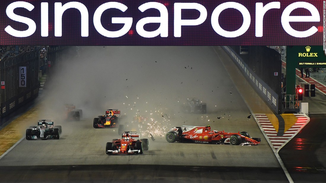 Ferrari&#39;s race was over almost as soon as it had begun as Raikkonen clashed with Red Bull Racing&#39;s Max Verstappen before hitting his teammate Vettel. 