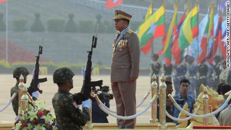 Days before Aung San Suu Kyi&#39;s government took office in March 2016, honor guards raised their bayonet mounted rifles in salute to Sen. General Min Aung Hlaing, commander-in-chief of the Myanmar armed forces, during a ceremony to mark the 71st Armed Forces Day.