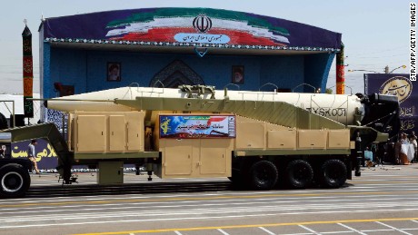 The new Iranian missile Khorramshahr is displayed during a military parade Friday in Tehran.