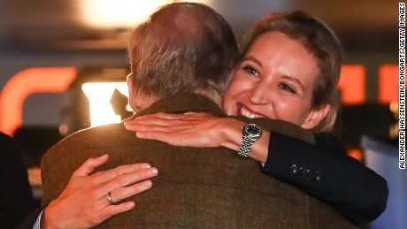  Alice Weidel and Alexander Gauland, co-lead candidates of the Alternative for Germany (AfD) celebrate after the announcement of the initial results of the federal election on September 24