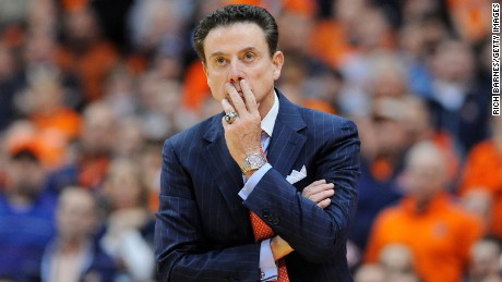 Head coach Rick Pitino of the Louisville Cardinals looks on against the Syracuse Orange during the second half at the Carrier Dome on February 13 in Syracuse, New York.