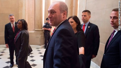 US Majority Whip Representative Steve Scalise, Republican of Louisiana, walks through Statuary Hall at the US Capitol in September 2017, as he returns to work after being injured in a shooting at the Republican Congressional baseball team practice earlier that year.