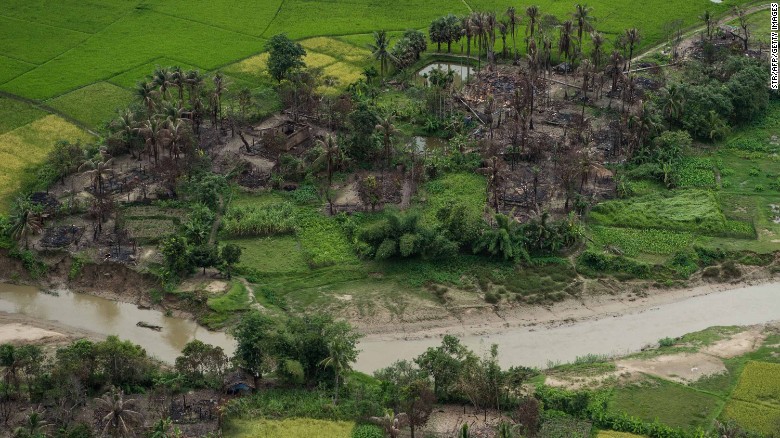 This aerial picture taken on September 27, 2017 shows burnt villages near Maungdaw in Myanmar's northern Rakhine state.