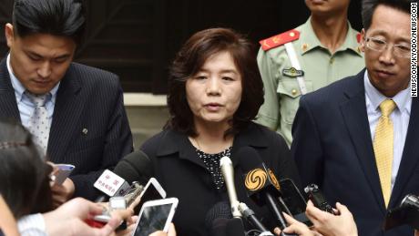 Choe Son Hui (C), pictured with reporters in Beijing on June 23, 2016.