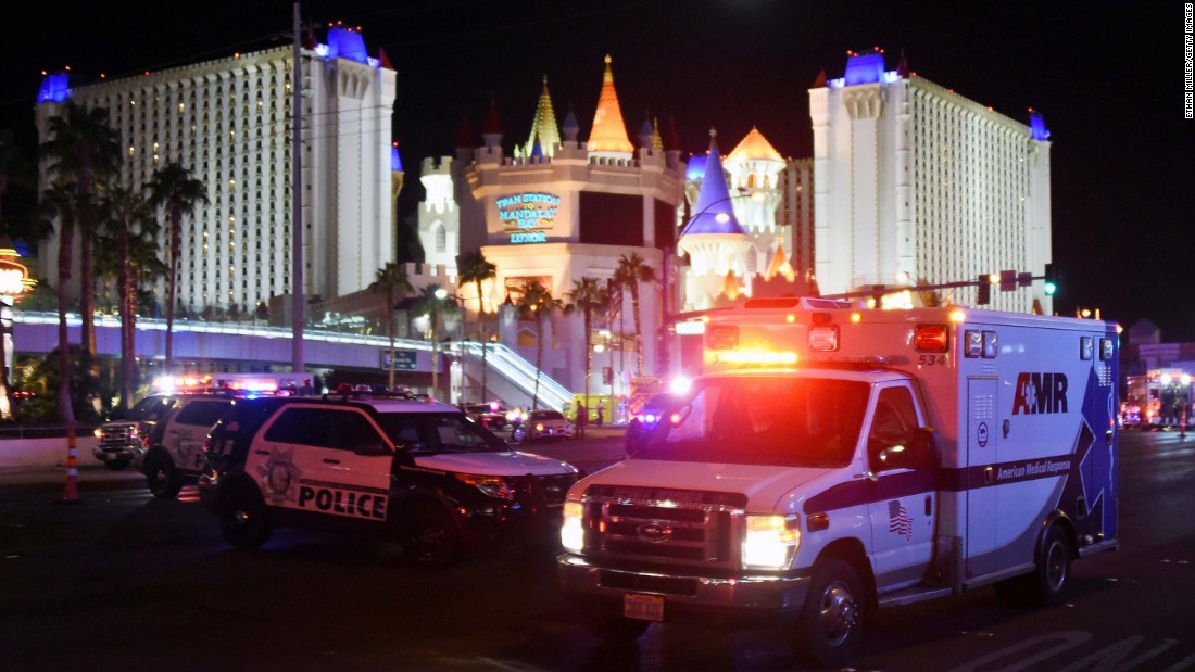 An ambulance leaves the intersection of Las Vegas Boulevard and Tropicana Avenue.