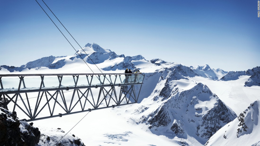 Above the Tiefenbach glacier a 15-meter pyramid stands sentinel over a steel and glass footbridge which extends 20 meters over a gaping abyss with the glacier far below and offers up-close views of the Wildspitze.