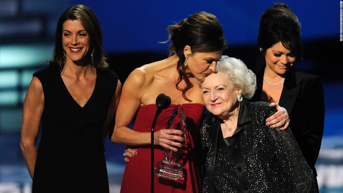 White joins her &quot;Hot in Cleveland&quot; co-stars Wendie Malick, Jane Leeves and Valerie Bertinelli as they accept an award at the People&#39;s Choice Awards in 2012. 
