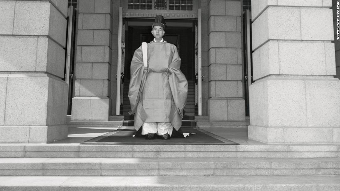 Akihito wears traditional garb at a ceremony where he was proclaimed heir apparent to the throne. His outfit here was reported to be over 1,000 years old.