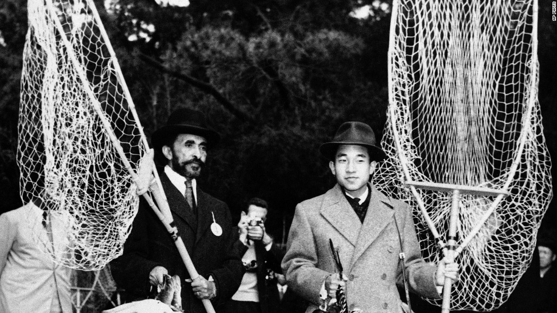 Akihito joins Ethiopian Emperor Haile Selassie for a hunt outside Tokyo in November 1956.