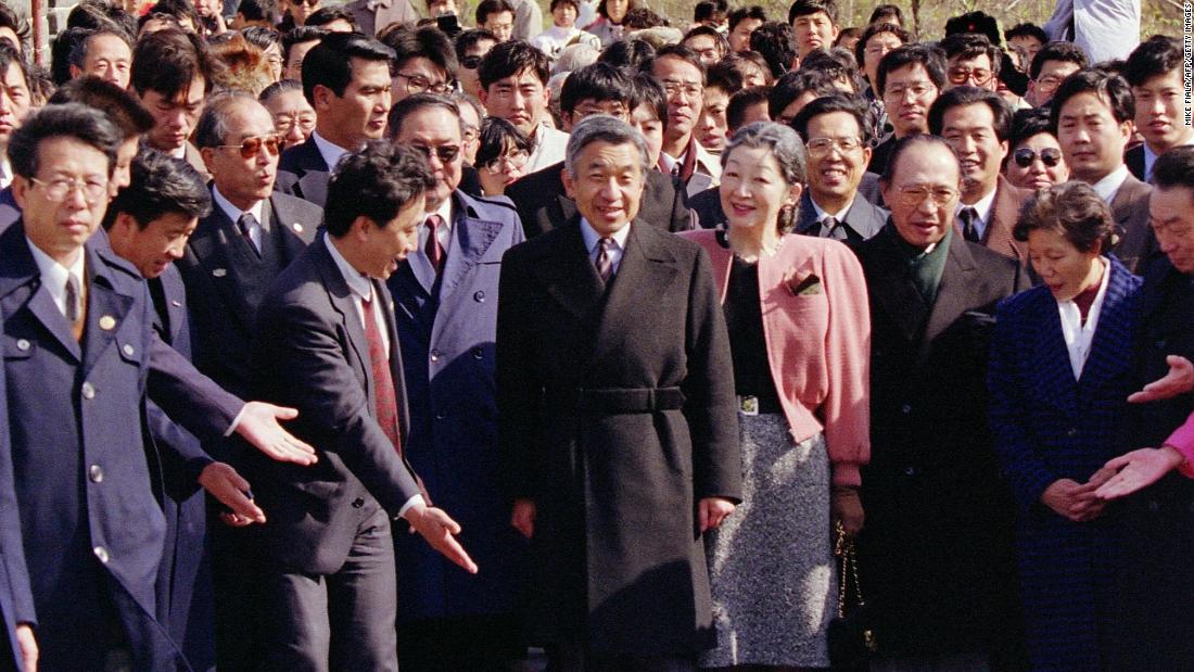 Akihito and Michiko visit the Great Wall of China in 1992. It was the first visit to China by a Japanese monarch. During his stay, Akihito said he deplored the Japanese treatment of the Chinese before and during World War II.