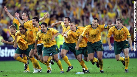 SYDNEY, AUSTRALIA:  The Australian Socceroos jubilate after defeating Uruguay in the FIFA World Cup qualifier at Stadium Australia in Sydney, 16 November 2005. Australia ended their 31-year nightmare to qualify for the 2006 World Cup finals in Germany by winning the penalty shootout 4-2 after both teams remained tied at one home goal each after extra time.  AFP PHOTO/Torsten BLACKWOOD  (Photo credit should read TORSTEN BLACKWOOD/AFP/Getty Images)