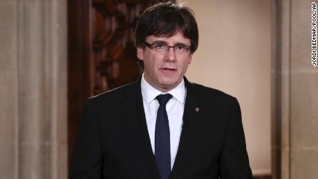 Catalan President Carles Puigdemont speaks during a statement at the Palau Generalitat in Barcelona, Spain, on Wednesday, Oct. 4, 2017. Catalonia&#39;s regional president, Carles Puigdemont, is addressing regional lawmakers on Monday to review a referendum won by supporters of independence from Spain on Oct. 1. (Jordi Bedmar/Presidency Press Service, Pool Photo via AP)